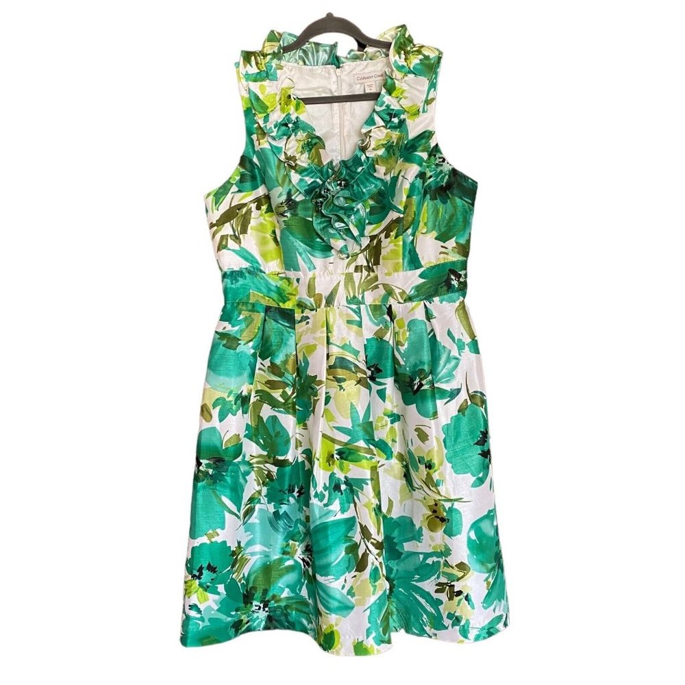 Coldwater Creek Womens 16 Ruffle Neck Floral Summer Shift Dress Green Tropical